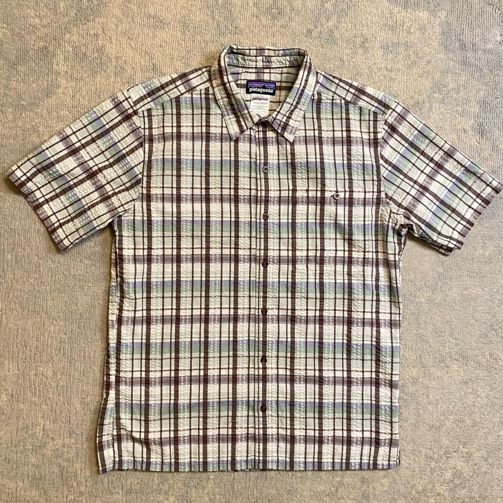 Patagonia Shirt Mens Medium Green Brown Plaid Short Sleeve Button Up Seersucker